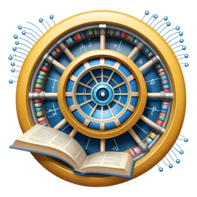 An icon featuring a physics textbook, a large Hadron Collider with particles flying off, symbolizing the study of physics. The design includes atomic models, energy waves, and scientific formulas, representing fundamental physical principles and research. Transparent background. sticker