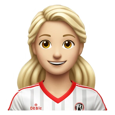 A blonde Girl smiling with a red and white Soccer jersey of the german Soccer Club 1. fc köln  sticker