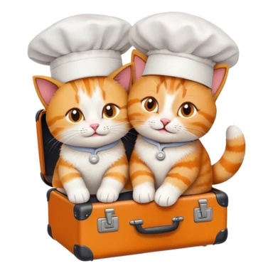 top-down view of one cat in a chef hat hugging another cat without a chef hat, both sitting on a suitcase, emoji style sticker