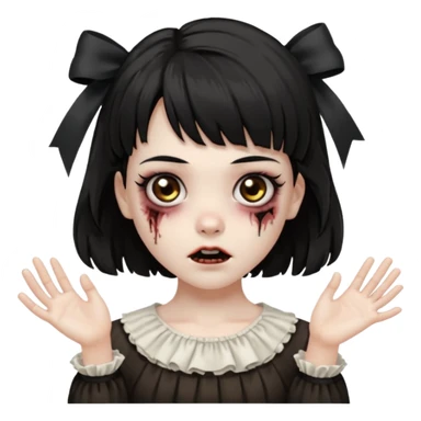 Cabelo ondulado  um pouco cheio e franja curta  Olhos marrons e pequenos e feita d ezumbi mais bonita com cabelo amarro na e com as mãos assim tipo assim🧟‍♀️ sticker