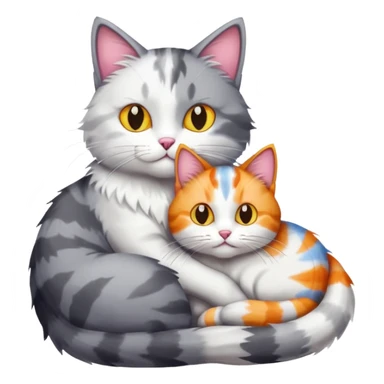 grey and white cat cuddling a colourful light patched calico + white tabby cat sticker