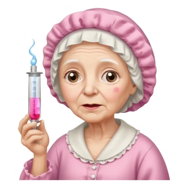 sick old woman with glass thermometer on her mouth pink night gown, pink bonnet on her head sticker