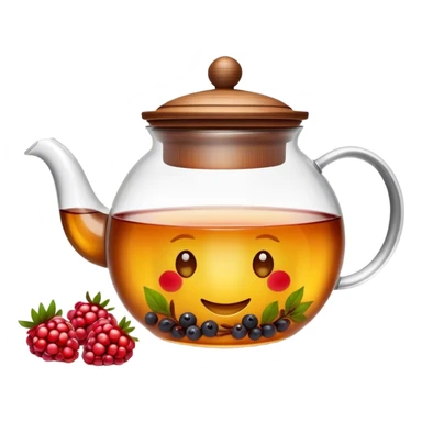 A cinematic realistic emoji with an attractive image of a transparent teapot with a realistic wooden lid filled with tea with berries, rich texture and warm, festive lighting. sticker