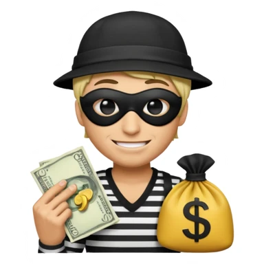 a short ios emoji-style portrait of a classic burglar, a black eye mask and a black-and-white striped shirt. emoji-like hair, black hat, a bag of money 💰 with a dollar sign in a right corner, evil expression  sticker