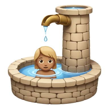Create a clean emoji-style icon showing a small child falling into a round stone water well. The well must be clearly recognizable: circular stone rim, dark opening. Show the child mid-air, tilted downward above the well with simple motion lines. sticker
