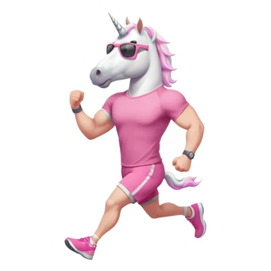 friendly anthropomorphised male white unicorn with a fit, chunky, muscular and strong physique, arms and legs matching the white of the head, in grey shorts and pink t-shirt, wearing dark sunglasses, jogging upright in a relaxed pose sticker