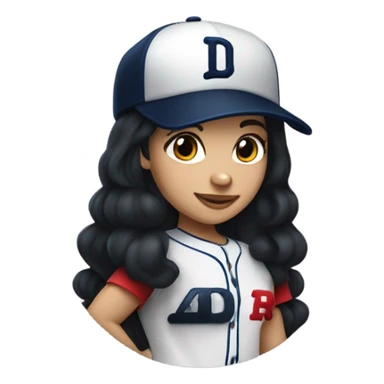 White girl with black long hair who wearing navy ballcap emblazoned with a red D initial and wearing baseball uniform sticker