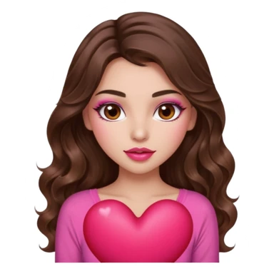 girl with long wavy brown hair, brown eyes, long lashes makeup, sexy pink lips, light to medium complexion, wearing a pink sexy top, squeezing a big heart sticker