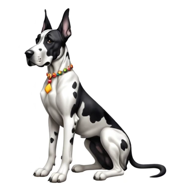 cinematic-[harlequin great dane]-realistic-full-body-sitting-emoji,-tail-resting-loosely-beside-its-paws,-head-tilted-dramatically, ears drooped, -sleek-[black and white]-fur,-simplified-yet-realistic-focused-features,-highly-detailed,-glowing-with-an-almost-sarcastic-glow sticker
