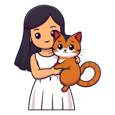 beautiful girl with long black hair wearing a white dress holding an Abyssinian cat with reddish-brown fur in her arms sticker