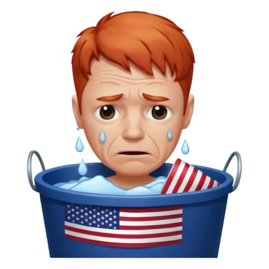 short red haired older man crying into bucket with USA flag on it sticker