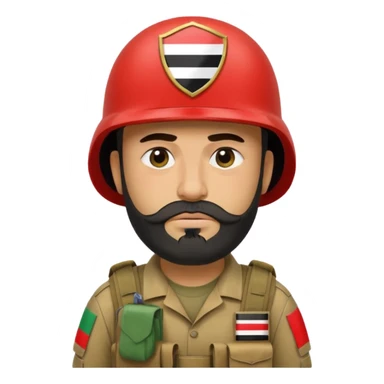 A tired, swarthy Iraqi soldier with a beard, an Iraqi flag on his helmet, a sad expression and bags under his eyes sticker