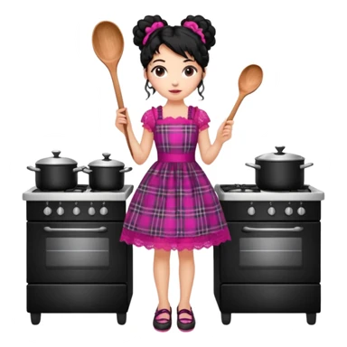 
A beautiful girl wears a fuchsia lace dress with a plaid pattern. Her long, curly black hair is styled in a messy bun. She wears accessories and holds a wooden kitchen spoon. She is standing and wearing black shoes. The illustration style is clipart. sticker
