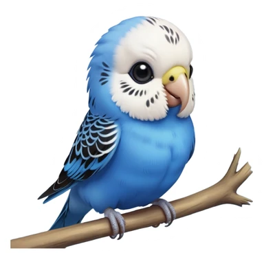cinematic-cute-blue-budgie-portrait-emoji,-head-tilted-playfully-and-inquisitively,-featuring-a-brilliant-blue-feathered-fur-and white and black feathered face-with-a-natural-sheen,-round,-sparkling-dark-eyes-filled-with-curiosity,-simplified-yet-irresistibly-adorable sticker