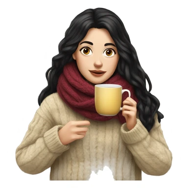 White girl black hair in a sweater and scarf sipping tea  sticker