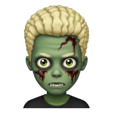 zombie boy, half-blonde half-black afro, black shirt, greenish skin sticker