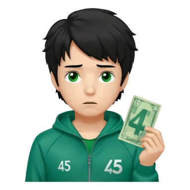 male character in a green Squid Game tracksuit with the number 456 on his chest, tired and emotional face, messy black hair, sad eyes, holding some cash or a banknote, subtle heartbroken expression, cartoon emoji style sticker