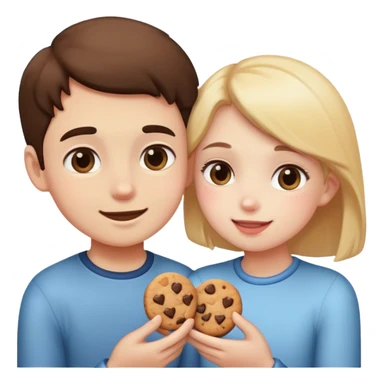 Girl giving boy cookies, both blushing, soft emoji vibe sticker