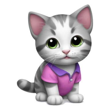 A gray and white kitten wearing a pink and purple shirt is holding a fis sticker