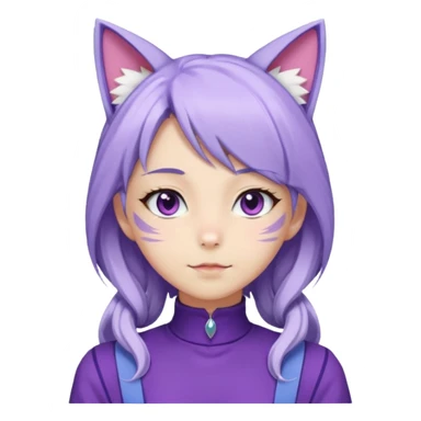 female anime character with long white and periwinkle hair and cat ears on her head. She is wearing a purple outfit with a high neckline and long sleeves.  sticker