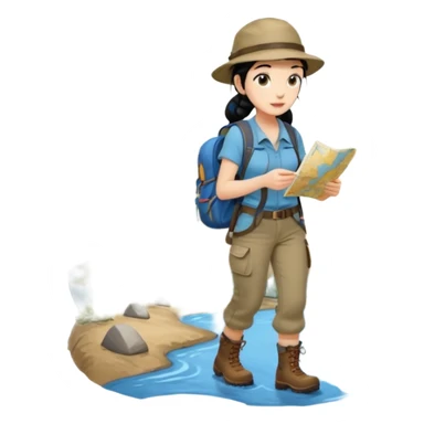 A braid black hair backpacking woman checking her map with curious eyes while walking wear camping hat and dirt covered boots full body sticker