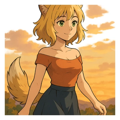 anime style furry girl with wolf ears and tail, short blonde hair, green eyes, hourglass body, walking at sunset, gentle smile, ghibli style sticker