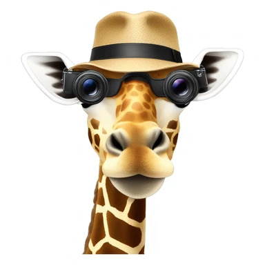 giraffe wearing a hat with a photo camera sticker