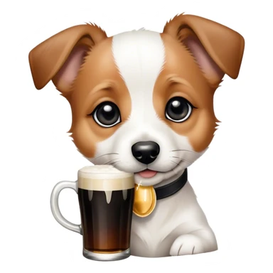 Black and white Jack russle puppy. White face. Black pointy floppy ears. Black circles around eyes. Drinking a Guinness beer. The dog does not have brown hair sticker