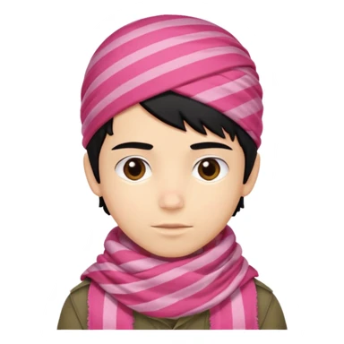 Emoji de un chico con turbante árabe que el chico sea de color piel clara y que tenga cabello negro y de fondo blanco y que tenga un pañuelo árabe de color rojo y con rayas rosas sticker