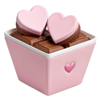 Two glossy square milk chocolate pralines placed diagonally, each in a white ridged paper cup, topped with a soft pastel pink heart icing with subtle sugar sparkle.
Cute minimal emoji-style, realistic and polished, clean studio lighting, pure white background, smooth 3D render, high resolution. sticker