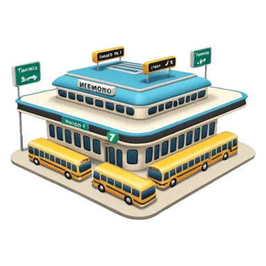 A 3D cartoon bus terminal with multiple buses parked, roofed structure, and directional signs, Memoji-style. sticker