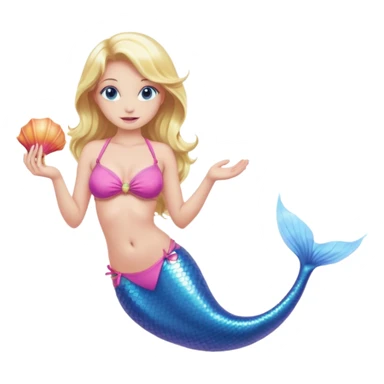 mermaid woman with blonde hair and blue eyes, a pink bikini top and an ALL pink tail holding a shell sticker