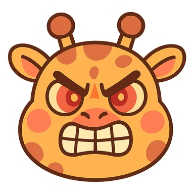 A fierce, determined cartoon giraffe face with furrowed brows, clenched teeth, and fiery eyes. The design should be bold and comically exaggerated, suitable for a 'grr' or 'tryhard' emote. Use sharp angles for the eyebrows, vibrant colors, and a clean, readable style even at small sizes. Cartoonish, kawaii-inspired style, pastel toon sticker