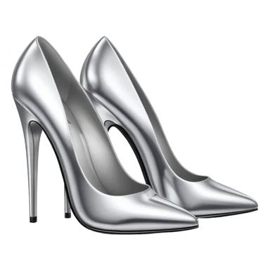 A pair of high heel shoes emoji made of polished silver chrome, elegant sharp silhouette, smooth metallic surface, glossy reflections, luxury sexy vibe, minimalistic iOS emoji style, centered, clean white background sticker