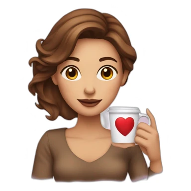 a woman with brown medium length hair parted on side holding a coffee cup with a heart  sticker
