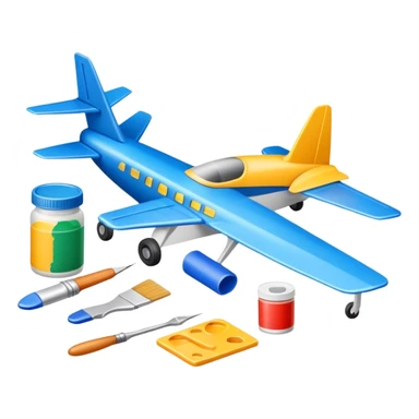 photorealistic icon featuring model-building tools like glue, paint, paintbrushes, pieces of a plastic model airplane in the process of being assembled. The design includes detailed textures of the model pieces and tools, capturing the focus and creativity of model building. Transparent background. sticker