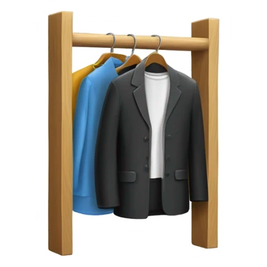 Design an emoji-style icon of an open wardrobe with clothes hanging inside. Include details like a wooden frame, hangers, and black different clothing items such as shirts or any other clothing . Use a clean and minimalistic design. sticker
