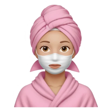Clean girl influencer character, chest-up portrait, wearing a pink towel wrapped around the head, full face facial skincare mask on face, relaxed confident expression, soft glow skin, minimal chic aesthetic, subtle beauty accessories, calm self-care vibe sticker
