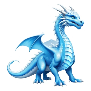 Cinematic Noble wise elegant Ice Dragon full body  Emoji, Poised and imposing, distinct long elegant snout, with a slender, scaled body shimmering in glacial hues of icy blue, frostbitten silver, and crystalline white, breathing out frost, with piercing, glowing ice blue white eyes that radiate the chilling depths of an arctic storm; rendered in detail. excuding wisdom sticker