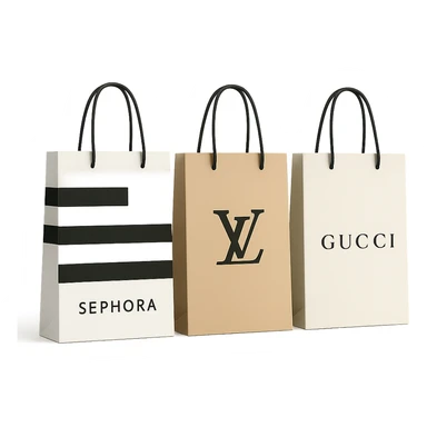 three shopping bags, one with Sephora branding, and two with other high-end store logos, luxury shopping theme, clean and modern style sticker