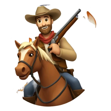 bearded man in cowboy hat riding on a horse in front of a campfire holding a shotgun sticker