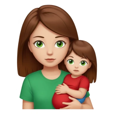a girl with brown strait hair and has baby green eyes has a red t-shirt sticker