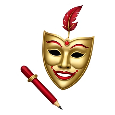 Create a bold and dramatic emoji representing the art of playwriting. The design should feature an open script or a theater playbook, with stylized text inside. Include elements like a theatrical comedy and tragedy masks, a stage spotlight, or a writting quill to symbolize creativity and performance. Use deep, contrasting colors like red, black, and gold to evoke the intensity and passion of drama. The overall design should feel dramatic, inspiring, and artistic. Make the background transparent. sticker
