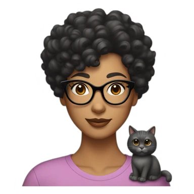 A curly woman with black hair and glasses, a big nose, eyebrows close to the eyes and a small sweet spot under the lips on the left side holds a gray cat sticker