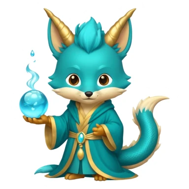 Chibi teal fox-dragon emoji with small antler horns, confident magical expression, gold mark on forehead, teal-gold robe, holding glowing blue water orbs, with dragon tail sticker