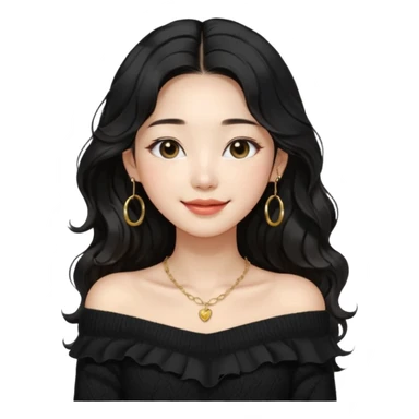 A South Korean girl with long, dark black wavy hair with middle part and layers. She is wearing a black off the shoulder long sleeve knit sweater, small gold hoop earrings and thin gold necklace. She is sweet and smiling with lips together sticker