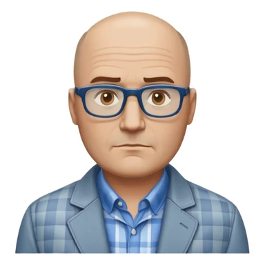 50-year-old heavyset man with very wide face and prominent square jawline. Little to no hair on the sides with some hair on top, balding pattern. Large dark square glasses. Serious-relaxed expression. Light gray jacket that fits his larger frame, white shirt with blue checkered pattern. sticker