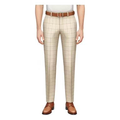 beige dress pants with distinct white grid pattern, formal trousers with clear white check pattern, cuffed hem, tailored pants with white plaid design, isolated garment only sticker