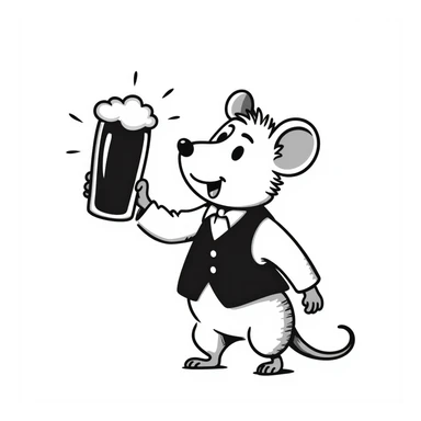 Hand-drawn mouse character toasting with a beer mug sticker