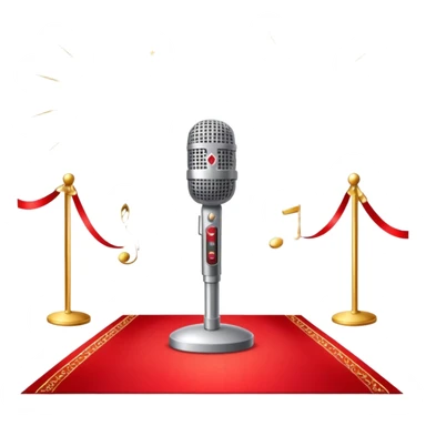Create a glamorous and vibrant emoji that represents pop vocal performance. The emoji should feature a vintage stage microphone on a red carpet, with a spotlight shining on it. The stage should be empty but illuminated with concert lights, creating an atmosphere of excitement. Add elements like a festive firework display and a sparkling costume with rhinestones. Surround the scene with a ribbon made of musical notes to symbolize the connection to music. Use bright colors like gold, red, and silver, with a touch of sparkle to convey the glamour and energy of pop vocal performance. The background should be transparent. sticker